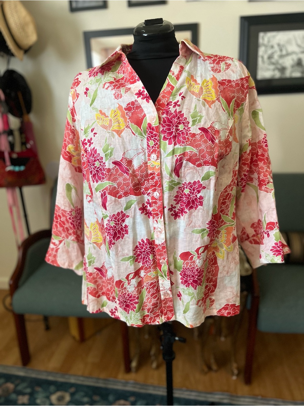 JM Collection Floral Button-Down Shirt in Pink, Red & Yellow